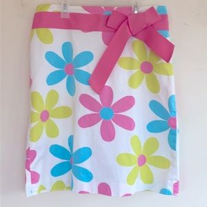 Grace Elements Women Colorful Flower Print White Skirt with Pink Waistband Bow